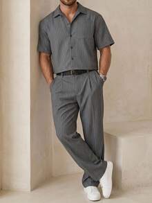 DAZY Men's Short Sleeve Front Button Casual Summer Shirt Set - Grey - View 5