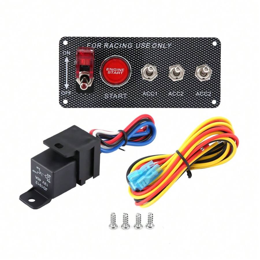 12V Racing Car Engine Ignition Switch Panel: Start Button And Toggle Switch Combo, Carbon Fiber Look Dashboard Mounting Kit For Car, Truck, And Boat, Universal 12V Start Panel With LED Indicator, Racing Sports Accessory - A - View 1