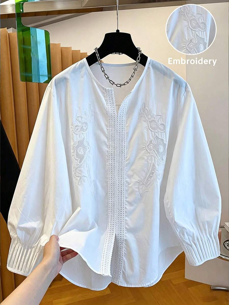 女款白色休閒寬鬆長袖百褶袖V領刺繡蕾絲門襟襯衫,春夏款 - 白色 - 查看 1