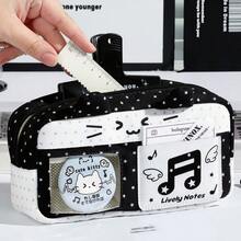 黑白星星貓多層鉛筆盒，可愛音符刺繡透明可見徽章插槽大容量卡通文具收納袋，適合國中與高中學生 - 多色 - 查看 4
