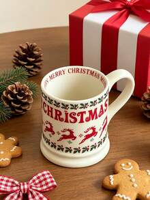 1pc Aesthetic Vintage Christmas Ceramic Mug, Retro Footed Hot Chocolate Coffee Cup With Tree & Reindeer Pattern, Festive Xmas Gift Drinkware - Christmas Ceramic Mug - View 9