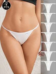 7pcs Women's Pure Cotton Ribbed Thong Panties, Soft Skin-Friendly G-String Briefs, Comfortable Triangle Underwear For Daily Wear, White - White - View 5