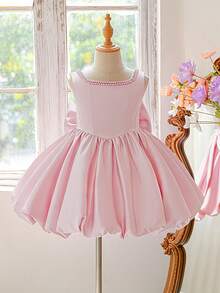 女童人造珍珠緞面蝴蝶結奢華公主花童禮服，適合派對，不含髮箍 - 藕粉色 - 查看 2
