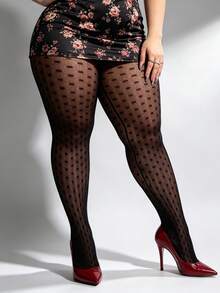 1pc Women's Plus Size Fishnet Leggings, Gothic Polka Dot Tights, Black Geometric Pattern Stockings, Elastic Sexy Fashion Fishnet Socks, Suitable For Halloween, Christmas, Party, Daily Wear - Black - View 3