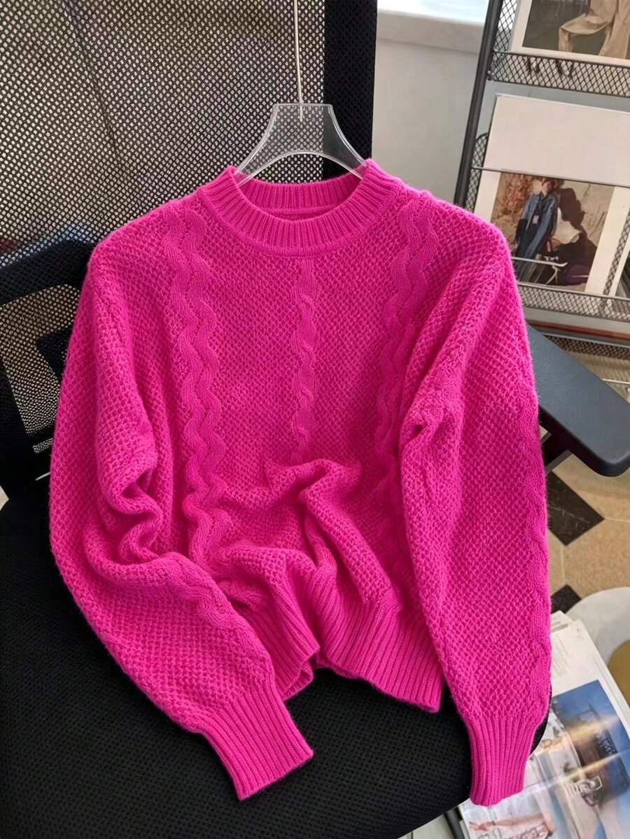 Soft Style Twisted Knit Crew Neck Loose Fit Lazy Solid Color Hollow Out Pullover Sweater - Hot Pink - View 1