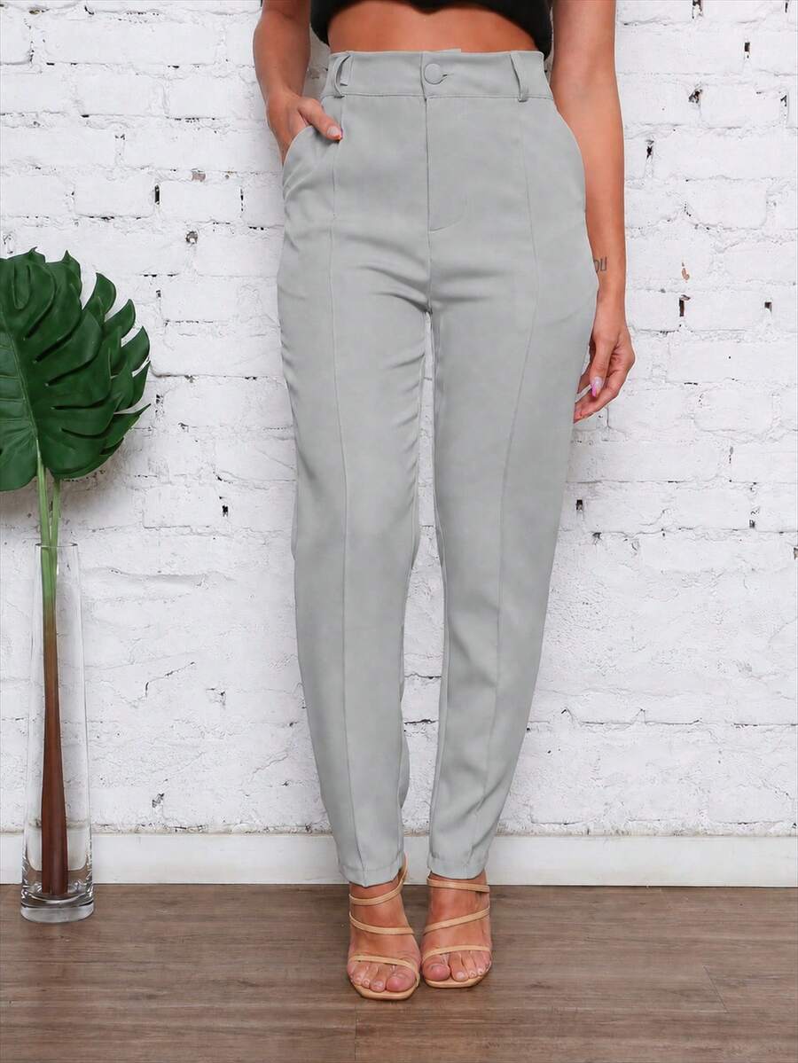 EMILI FASHION/Women's Clothing/ Pants/ Tailored/ With Pockets/ With Button And Zipper/ Pleated. - 灰色 - 查看 1