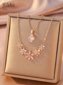Hihho 2pcs/Set Pink Zirconia Flower & Lucky Four-Leaf Clover Layered Necklace Set, Dual-Color Options, Lightweight Luxury Niche Design, V-Shaped Collarbone Chain With White Zirconia Crushed Diamonds & Teardrop Zirconia Pendant, Inner Layer Simple Snake Chain With Round Pink Zirconia Four-Leaf Flower Pendant - Clavicle Chain - View 3