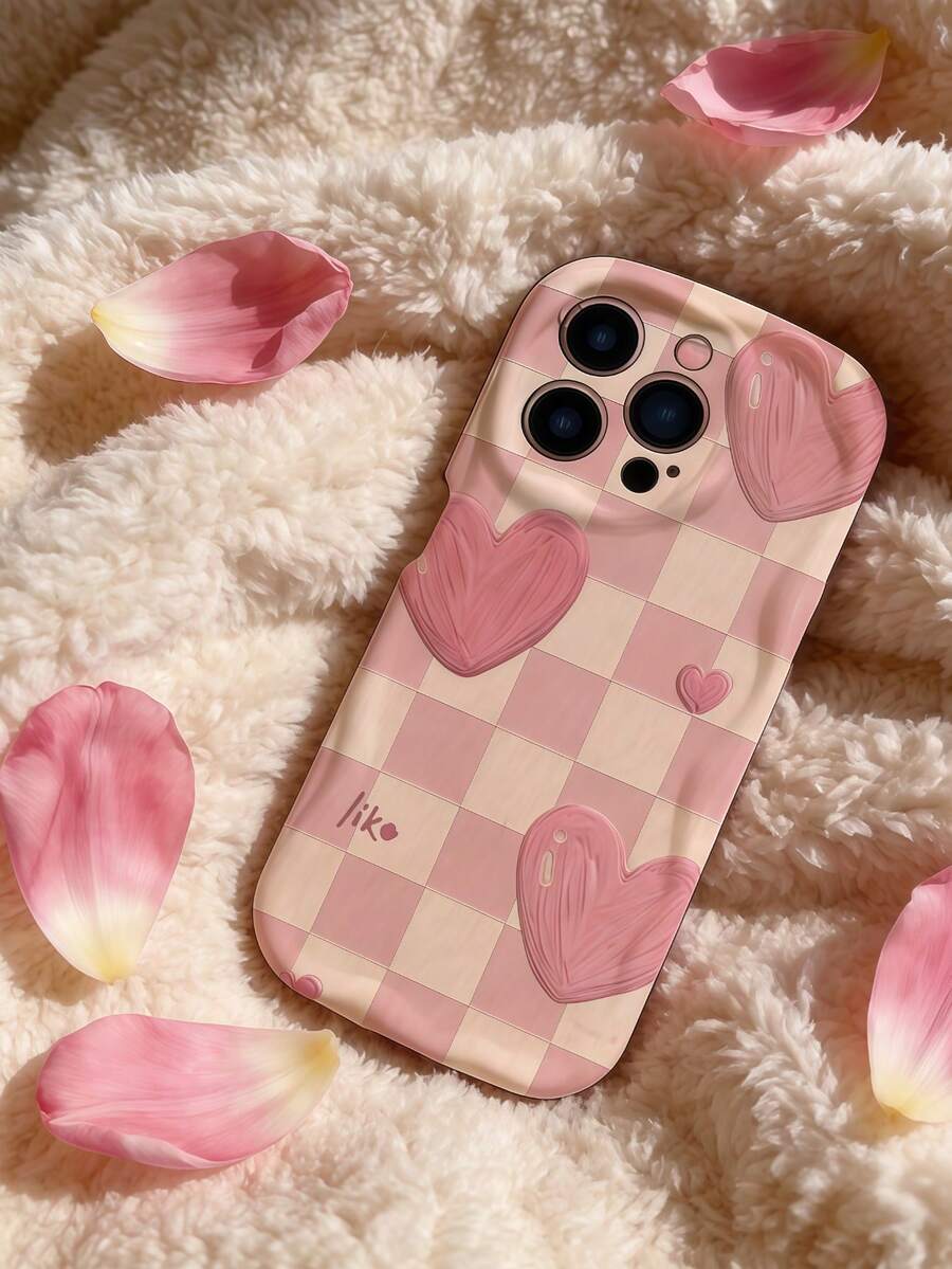 1 pieza Funda de teléfono con textura suave de TPU, diseño creativo y personalizado de onda de dopamina con volantes, patrón de tablero de ajedrez rosa con corazón, compatible con Galaxy S21 S22 S23 S24 S25 S26/Honor/ y talla grande modelos - Blanco - Ver 1