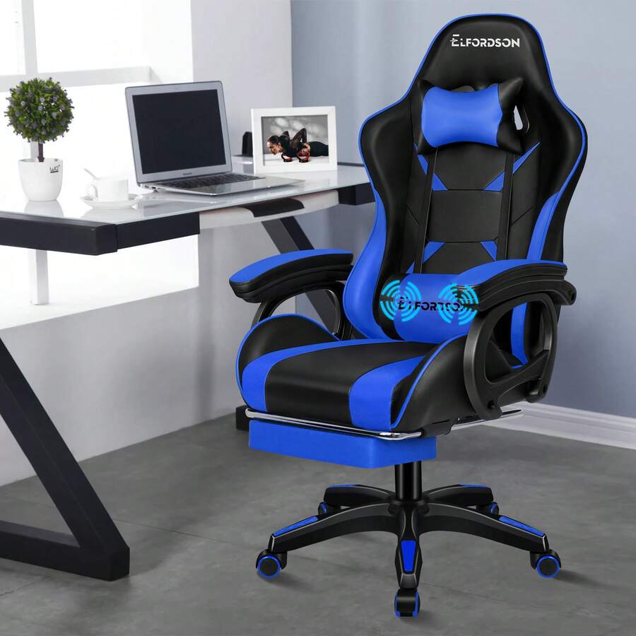 ELFORDSON Gaming Office Chair With 2-Point Massage, Gamer Chairs With Extra Large Lumbar Support, PU Leather - Blue - View 1