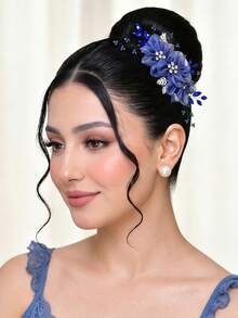 Elegant Blue Organza Flower Bridal Hair Comb Women's Headpiece Suitable For Wedding Party - Blue - View 2
