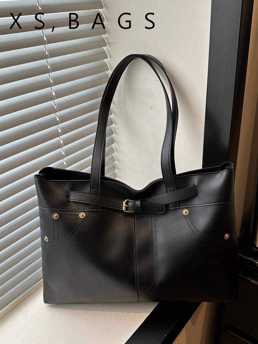 Solid Color Leather Belt Rivet Commuter Minimalist Design Large Capacity 2026 Summer New Tote Shoulder Underarm Bag For Women - Black - View 1