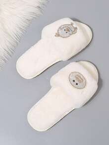 Cream White Rhinestone Cartoon Plush Slide Slippers For Women, Sweet Open Toe Warm Thermal Slippers, Matching Pajamas Home Set, Bedroom Dorm Indoor Casual Autumn Winter Fuzzy Slippers - White - View 2