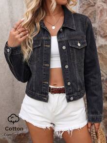 Women's Classic Collared Short Denim Jacket, Traceable Cotton Casual - Grey - View 1