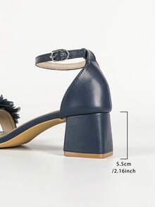 Women's Plus Size Wide Toe Box 3D Mesh Floral Decor Solid Color Open Toe Ankle Buckle Lace-Up Chunky Square Heel Sandals, Gentle Fairy Style, Summer Party, Navy Blue - Royal Blue - View 9