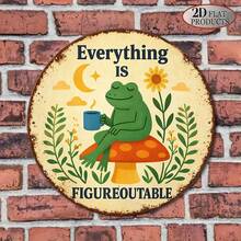 2D平面圓形裝飾牌，復古牌匾印有「Everything Is Figureoutable」，青蛙蘑菇咖啡裝飾標誌，適用於咖啡廳、書房（孔位隨機） - A - 查看 5