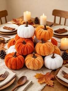 8/1pc Thanksgiving Artificial Pumpkin, Faux Velvet Pumpkin Orange Brown White Artificial Pumpkin Berry Maple Leaf Decoration, Autumn Table Centerpiece Decor, DIY Decoration, Autumn Harvest Festival Decoration, Halloween Decoration, Thanksgiving Decoration, Desktop Decoration, Thanksgiving Gift, Party Decoration, Home Decor - Velvet Pumpkin Ornament - View 6