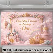 2d Plane Pink Carriage Theme Fairy Tale Background Cloth, With Golden Words "Our Little Is Turning One" In The Center Of The Picture, Pink Castle And Carriage Fairy Tale Design, Which Is Very Suitable For Birthday Banner Background. - 1 - View 7