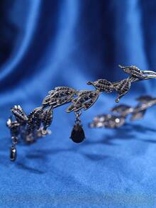 Gunmetal Black Leaf Black Rhinestone Forehead Crown Tiara Teardrop Pendant Gothic Wedding Bridal Halloween Cosplay Party Hair Accessories - Black - View 8