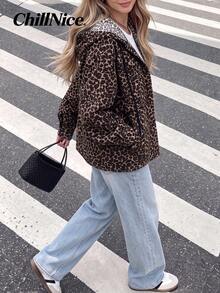 Women Fall Elegant Hooded Long Sleeve Jacket, Leopard Print Drawstring Button Front Pocketed Loose Fit Daily Street Vacation Outerwear - Multicolor - View 9