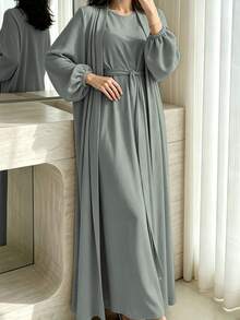 1 Set Soft Muslim 3-Piece Abaya Dress Inner Layer + Cardigan + Belt Classic Versatile Style - Multicolor - View 10