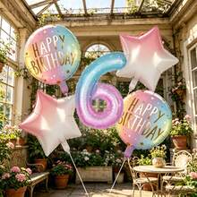 7pcs Gradient Number Foil Balloons With "Happy Birthday" Round Pattern And Pink & White Star Design, Free Adhesive Straws Included, Suitable For Kids Birthday, Baby Shower, Girls Party And Photo Backdrop - View 13