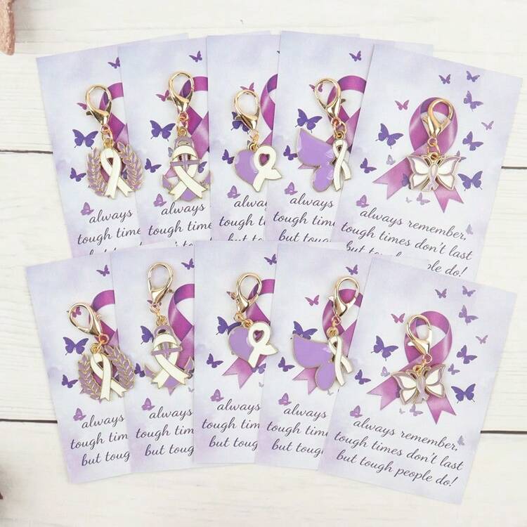 5pcs/10pcs Breast Cancer Awareness Support Keychain Set, Purple Support Gift, Suitable For Women Ribbon Gifts, Backpack Charms, Party Favors - Multicolor - View 8