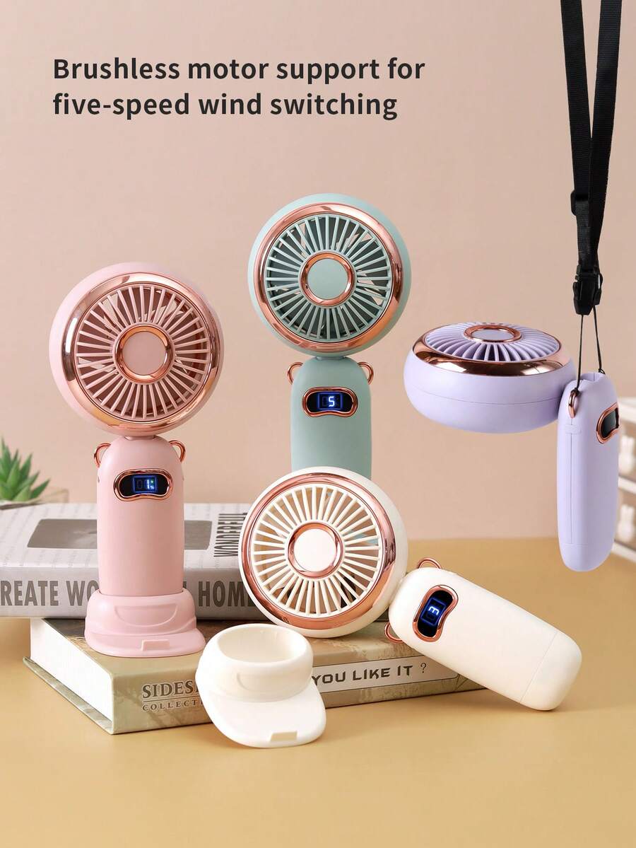 AOYI 1個 1200MAH 充電式無線手持迷你風扇,5段風速模式,附USB充電線、手機支架與掛繩 - 彩色 - 查看 1