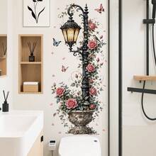 1pc Rose Flower Street Lamp Wall Decor Mural Sticker, Removable Plant Floral Farm Flower Column Wall Decal, Bird & Flower Home Decor Sticker - 49021-fHYM - View 7