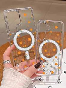 1pc Orange Flower Magnetic Transparent Phone Case, Full Coverage Shockproof Phone Case. Android Phone Cover Case, Suitable For S21/22/23/24/25/PLUS/FE/U/S25PLUSS/25U/S25DEGE/S25FE Models, Back To School Gift - Clear - View 3