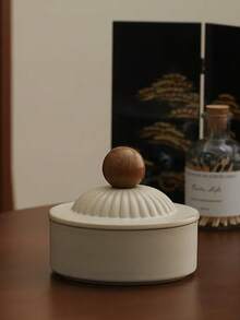 1pc Ceramic Cotton Swab Storage Jar, Dust-Proof Makeup Pad Storage Box, Desktop Jewelry & Miscellaneous Storage Container, Blending Decorative Aesthetics With Daily Practicality - Light Khaki - View 4