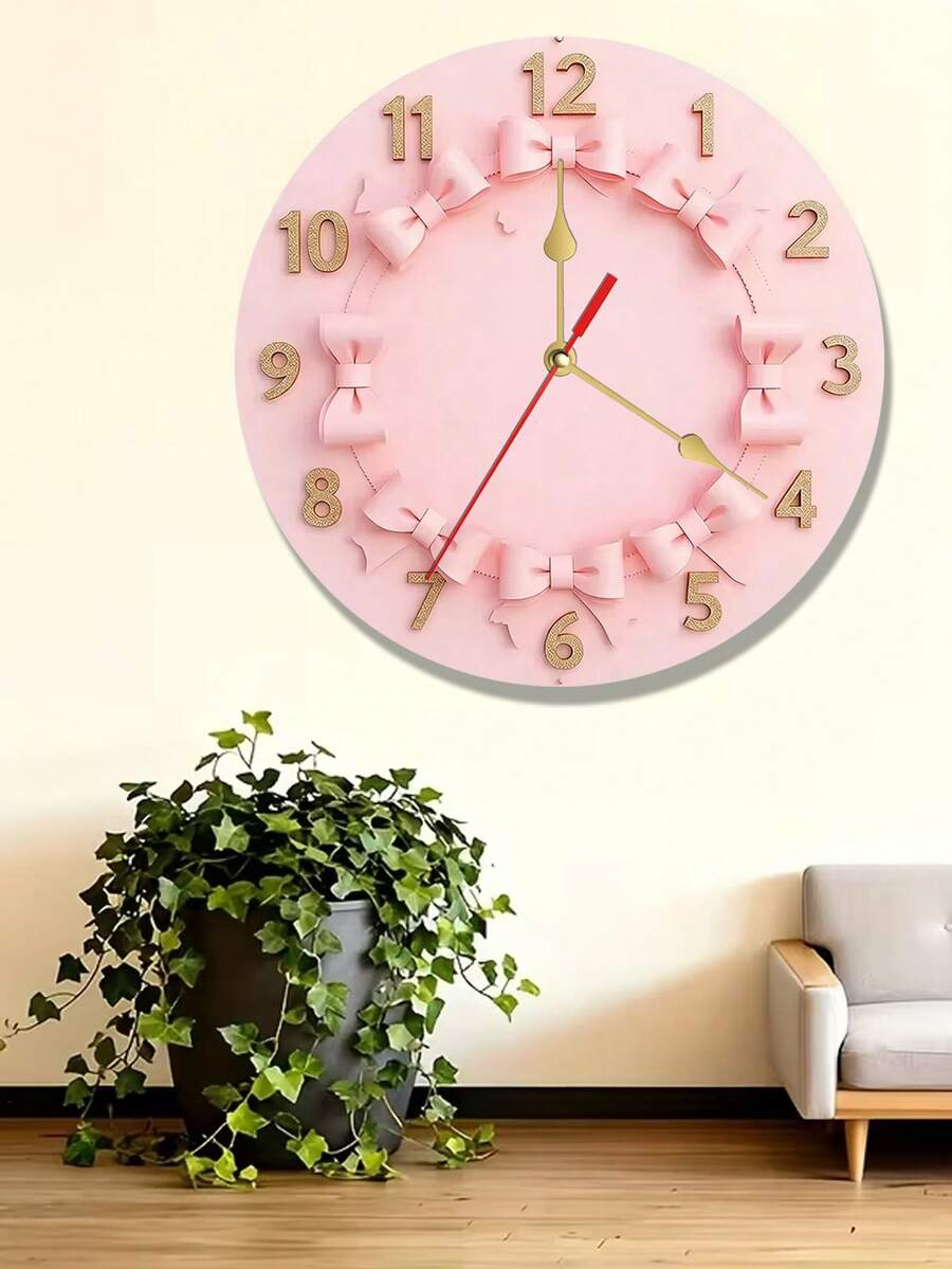 2D Flat Wall Clock, Pink Bow Pattern Theme Design, 1pc Round Decorative Wooden Clock With Number Display, Suitable For Living Room, Bedroom, Office And Home Decor Gift (Battery Not Included), 2D Flat - Multicolor - View 1