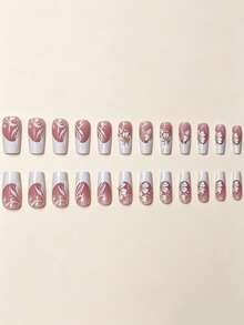 24 piezas Uñas postizas de tamaño mediano removibles de cobertura completa con acabado brillante, diseño minimalista blanco francés degradado con decoración de flores y cuentas doradas, producto de arte de uñas elegante, lujoso y de moda - Multicolor - Ver 4