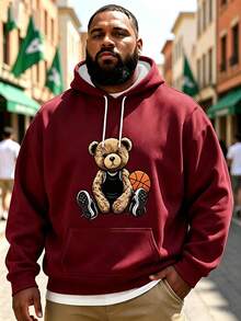 Men's Burgundy Basketball Bear Print Hoodie, American Sports Cartoon Loose Fit Plus Size Streetwear Sweatshirt - Burgundy - View 10