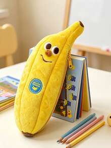 1pc Cute Plush Banana Pencil Case, Cartoon Smiling Face Large Capacity Student Stationery Storage Bag, First Day Of School - Yellow - View 1