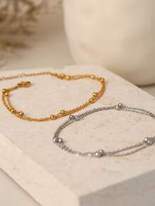 1pc 18K Gold Plated Waterproof Stainless Steel Bohemian Style Beaded Double Chain Anklet, Women's Fashion Accessory, Suitable For Daily Wear, Party, Beach - Anklet - View 4