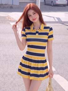 Preppy Summer Short Sleeve Polo Dress For Women Striped Knitted Mini Dress With Fitted Silhouette - Yellow - View 1