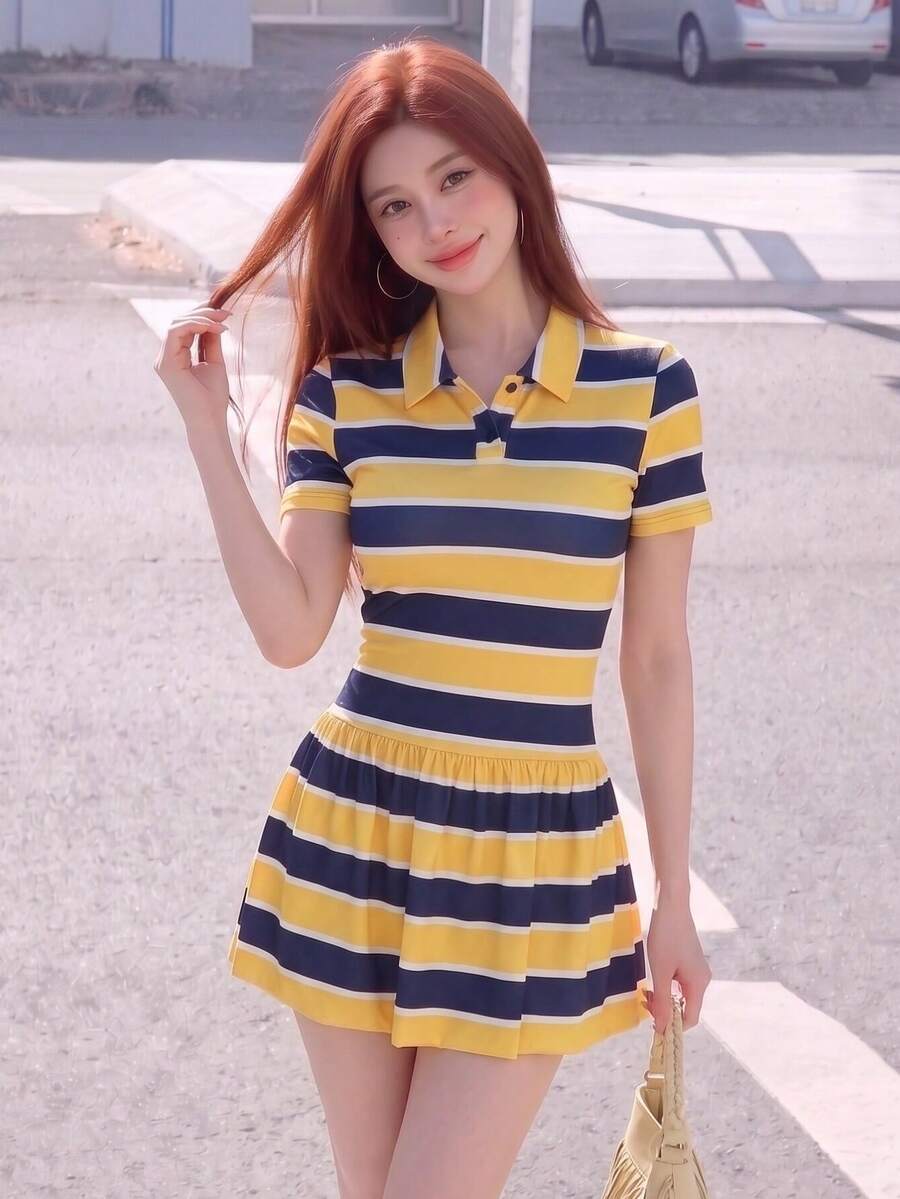 Preppy Summer Short Sleeve Polo Dress For Women Striped Knitted Mini Dress With Fitted Silhouette - Yellow - View 1