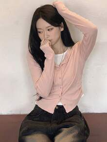 YCYC 韓式設計休閒百搭修身女款假兩件式鈕扣針織開襟衫 - 粉色 - 查看 2