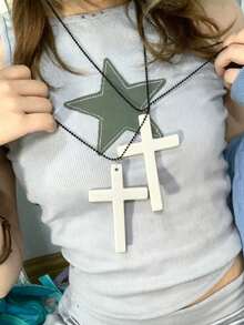 2pcs Vintage Gothic Style Christian White Wooden Cross Pendant Necklace, Women's Fashion Jewelry Accessory Suitable For Daily Wear, Party, Vacation, Wedding, Music Festival, Cosplay - White - View 2