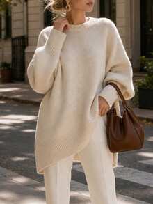 Women's Ribbed Hem Solid Color Asymmetric Loose Pullover Sweater Long Sleeve Knit Top, Suitable For Autumn Wear - Apricot - View 7