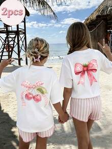 Two-Piece T-Shirt Set For Girls: White Short-Sleeve Tee With Large Back Print Of Cherry & Strawberry With Bow Details, Plus Striped Shorts - White + White - View 2