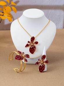 3pcs/Set Fashion Iron Art Enamel Polka Dot Floral Necklace Bracelet Ring Jewelry Set, Women's Casual Holiday Party Banquet Wear - Flower Necklace Bracelet Ring Set - View 4