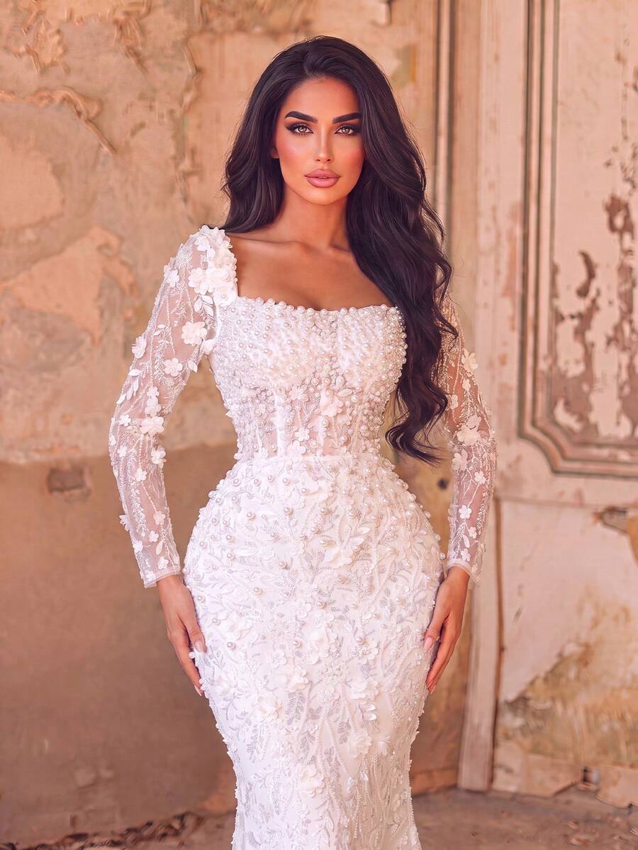 Faeriesty Sparkling Sequin & Faux Pearl Decorated Wedding Dress, Creates A Glamorous And Alluring Bridal Look Party White Fall