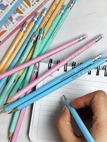 12pcs/Box Random Fresh Style Black HB Pencils With Eraser + 1pc Random Pencil Sharpener, Student Learning & Exam Pencil Set, Back To School Stationery Supplies - Multicolor - View 2