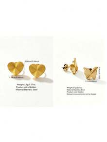 VceTd 2/4PCS Classic Textured Design Heart/Butterfly Shaped Stainless Steel Stud Earrings For Women, Suitable For Daily Wear, Holiday Occasions Or Gifts - Yellow Gold - View 2