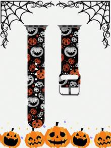 1pc Funny Expression Pumpkin Halloween Silicone Watch Band, Compatible With Samsung, Honor Smartwatches, Compatible With Apple Watch 38/40/41/42/44/45/49/46mm Fashionable Personalized Soft Comfortable Watch Band, Compatible With Apple Watch Series Ultra 2 S12 S11 S10 SE 9 8 7 SE 6 5 4 3 2 1 Replacement Band - Multicolor - View 1