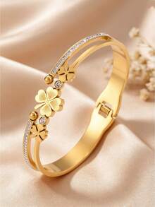2pcs/1pc Lucky Grass 3D Flower Spring Bracelet Stainless Steel Plated 18K Gold Buckle Women's Decorative Bracelet - Multicolor - View 3