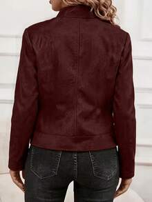 Women's Plus Size Faux Suede Motorcycle Jacket, Fashion Zipper Style Biker Jacket, Suitable For Autumn/Winter Wardrobe - Burgundy - View 5