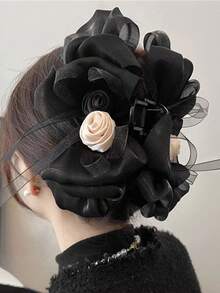 New Elegant Versatile Black & White Rose Bow Large Hair Claw Clip For Back Of Head, Voluminous Fluffy Hair Clip For Women, High-End Hair Claw, Cute Street Style, ABS Plastic (ABS Resin) Hair Claw, Suitable For All Seasons - Multicolor - View 1
