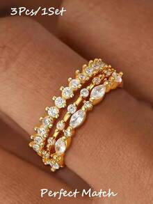 3 Pcs Gold Stackable Rings For Women Non Tarnish – 3 PiecesRing Set With Cubic Zirconia – Dainty Waterproof Stacking Rings For Everyday Wear - Multicolor - View 1